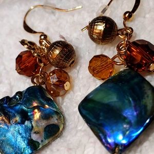 Blue Abalone, Quartz, Topaz Beveled Ball Dangle Earrings